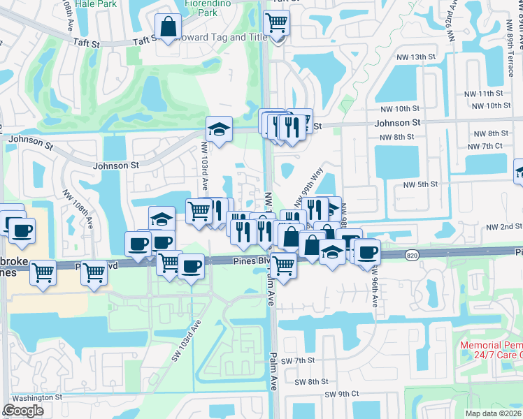 map of restaurants, bars, coffee shops, grocery stores, and more near 371 Northwest 101st Terrace in Pembroke Pines