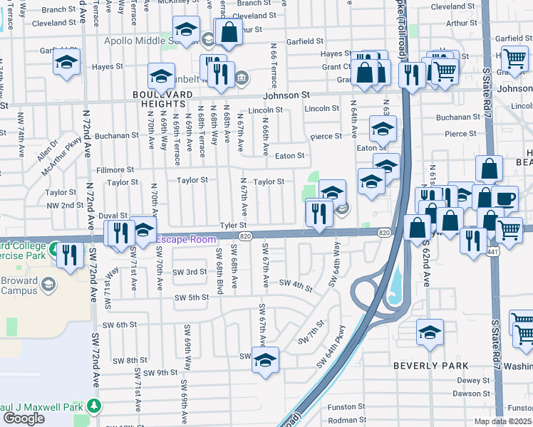 map of restaurants, bars, coffee shops, grocery stores, and more near 251 North 66 Terrace in Hollywood