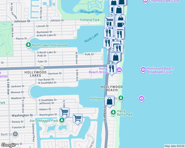map of restaurants, bars, coffee shops, grocery stores, and more near 801 Harrison Street in Hollywood