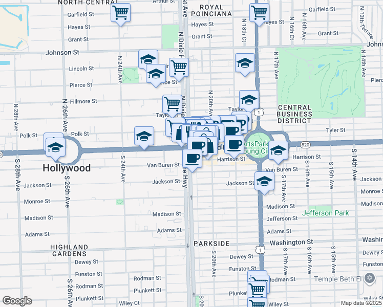 map of restaurants, bars, coffee shops, grocery stores, and more near 2021 Hollywood Boulevard in Hollywood