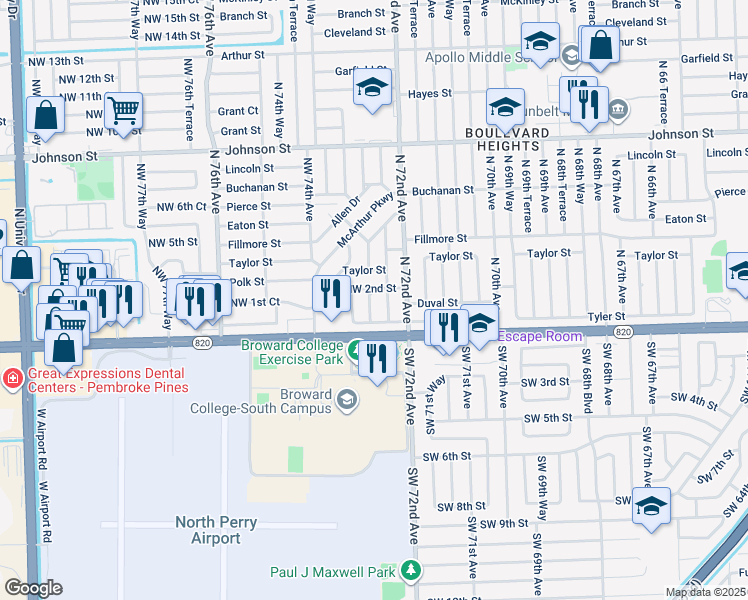 map of restaurants, bars, coffee shops, grocery stores, and more near 7301 Polk Street in Hollywood