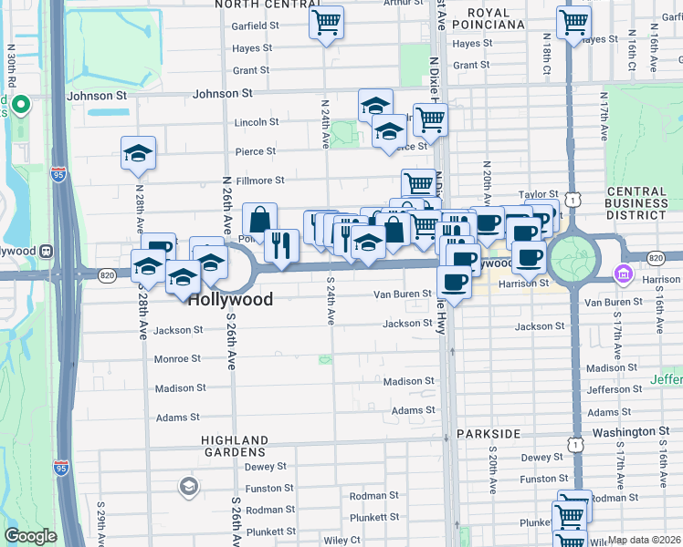 map of restaurants, bars, coffee shops, grocery stores, and more near 2333 Hollywood Boulevard in Hollywood