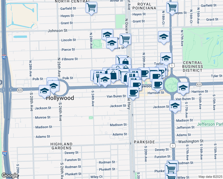 map of restaurants, bars, coffee shops, grocery stores, and more near 2205 Florida 820 in Hollywood