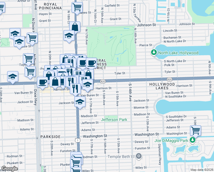 map of restaurants, bars, coffee shops, grocery stores, and more near 1558 Hollywood Boulevard in Hollywood