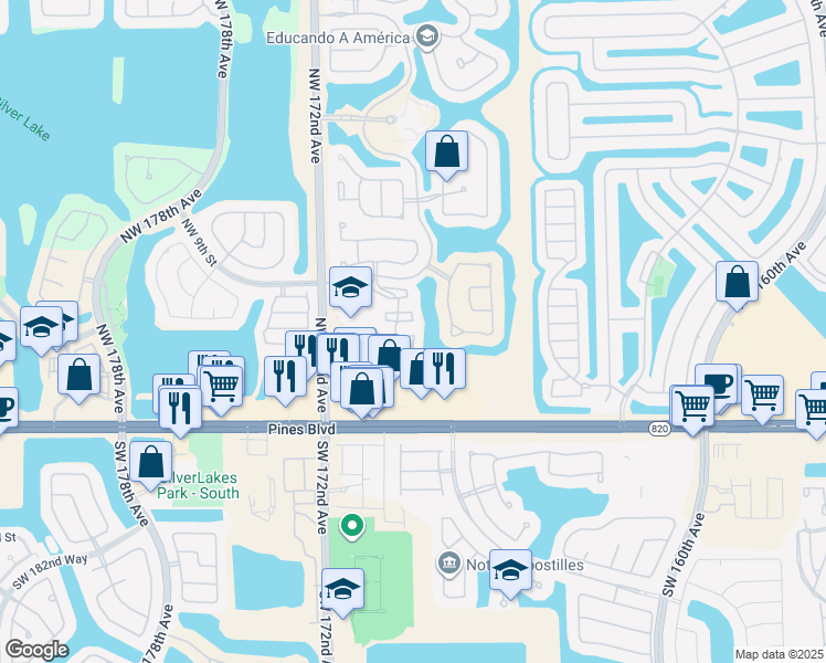 map of restaurants, bars, coffee shops, grocery stores, and more near 661 Northwest 170th Terrace in Pembroke Pines