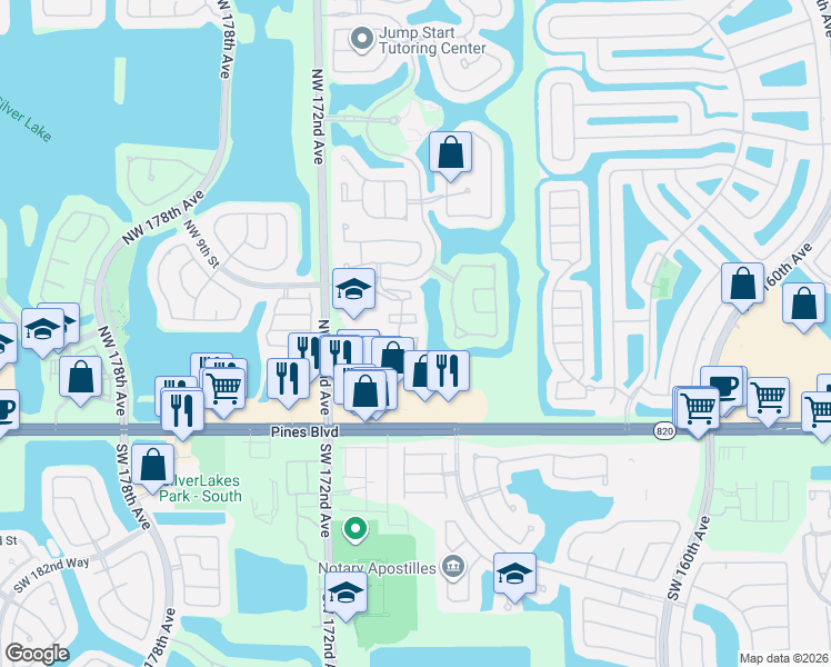 map of restaurants, bars, coffee shops, grocery stores, and more near 755 Northwest 170th Terrace in Pembroke Pines