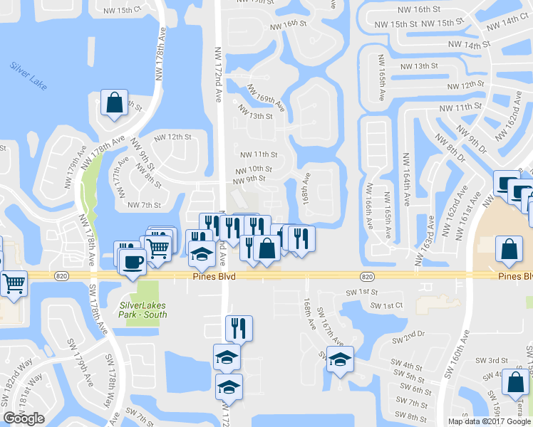map of restaurants, bars, coffee shops, grocery stores, and more near 746 Northwest 170th Terrace in Pembroke Pines