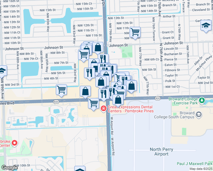 map of restaurants, bars, coffee shops, grocery stores, and more near 263 North University Drive in Pembroke Pines