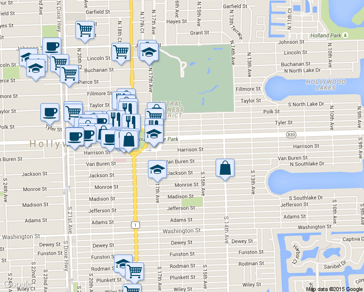 map of restaurants, bars, coffee shops, grocery stores, and more near 1558 Hollywood Boulevard in Hollywood