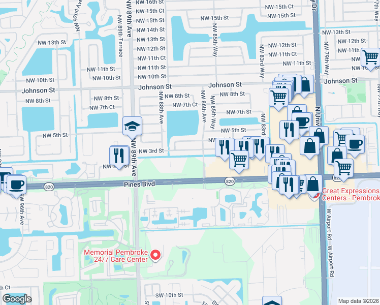 map of restaurants, bars, coffee shops, grocery stores, and more near 8631 Northwest 3rd Street in Pembroke Pines