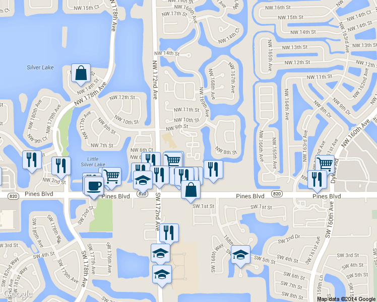 map of restaurants, bars, coffee shops, grocery stores, and more near 746 Northwest 170th Terrace in Pembroke Pines