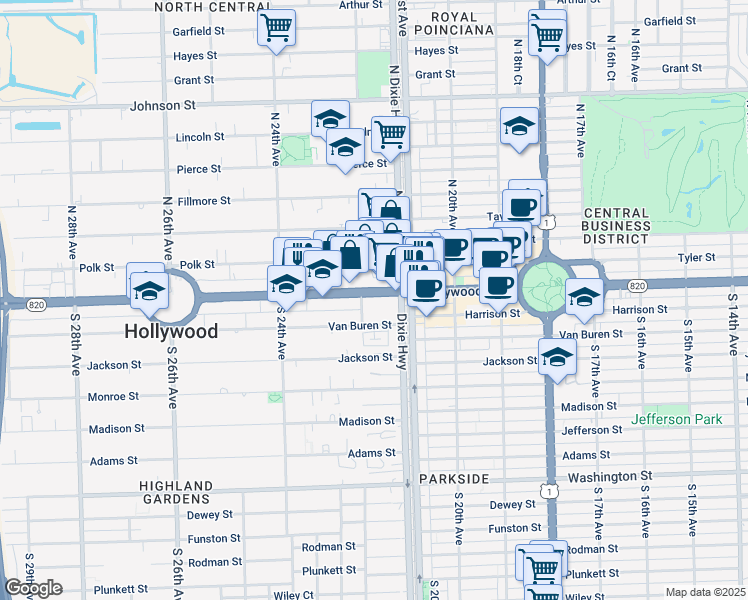 map of restaurants, bars, coffee shops, grocery stores, and more near 2205 Florida 820 in Hollywood