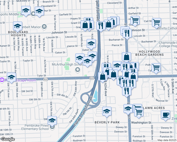 map of restaurants, bars, coffee shops, grocery stores, and more near 6301 Hollywood Boulevard in Hollywood