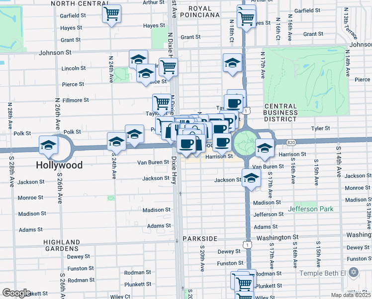 map of restaurants, bars, coffee shops, grocery stores, and more near 2021 Hollywood Boulevard in Hollywood