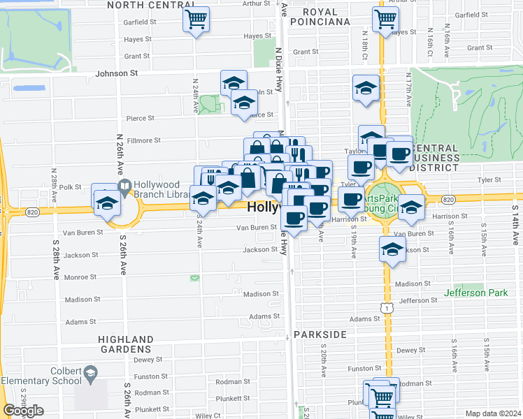 map of restaurants, bars, coffee shops, grocery stores, and more near 2205 Florida 820 in Hollywood
