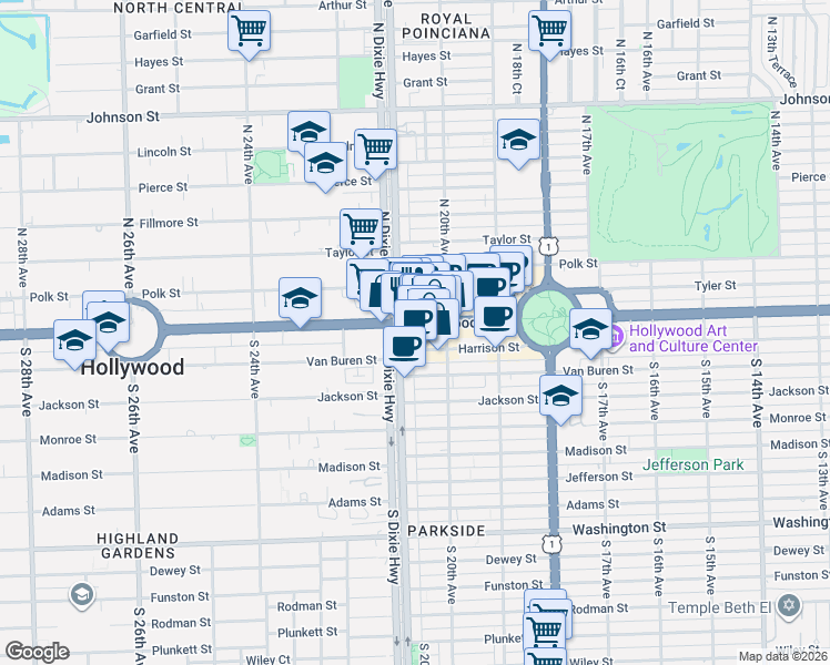 map of restaurants, bars, coffee shops, grocery stores, and more near 2021 Hollywood Boulevard in Hollywood