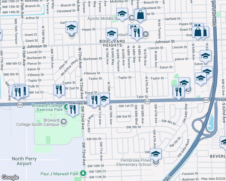 map of restaurants, bars, coffee shops, grocery stores, and more near 300 North 69th Way in Hollywood