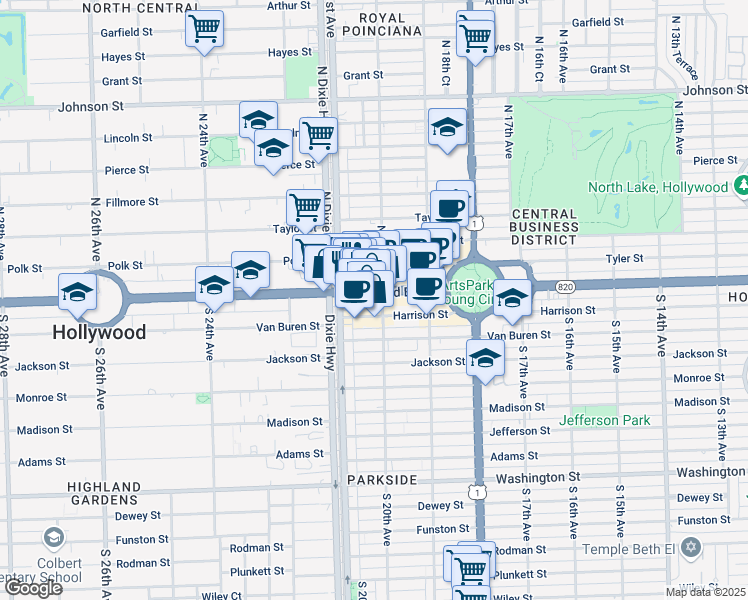 map of restaurants, bars, coffee shops, grocery stores, and more near 2021 Hollywood Boulevard in Hollywood