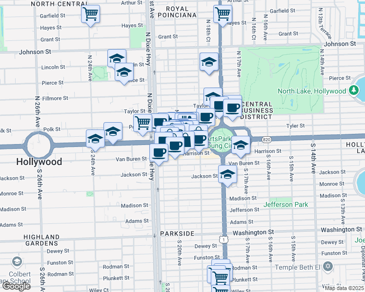 map of restaurants, bars, coffee shops, grocery stores, and more near 1937 Florida 820 in Hollywood