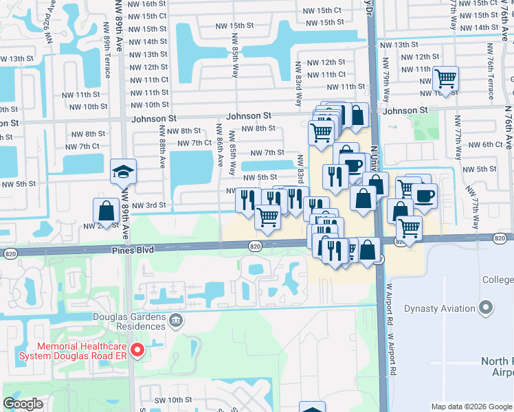 map of restaurants, bars, coffee shops, grocery stores, and more near 8511 Northwest 3rd Street in Pembroke Pines