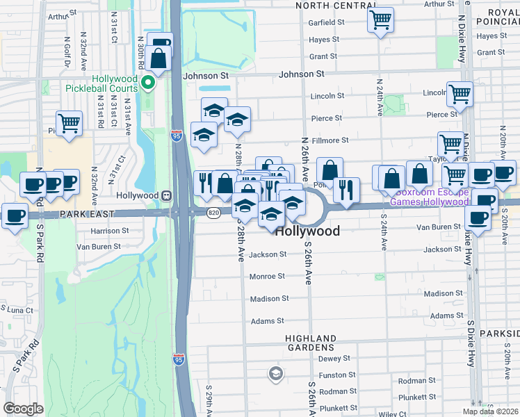 map of restaurants, bars, coffee shops, grocery stores, and more near 2701 Hollywood Boulevard in Hollywood