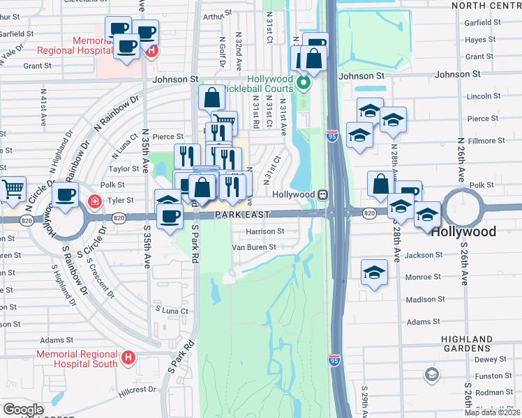 map of restaurants, bars, coffee shops, grocery stores, and more near 3156 Tyler Street in Hollywood