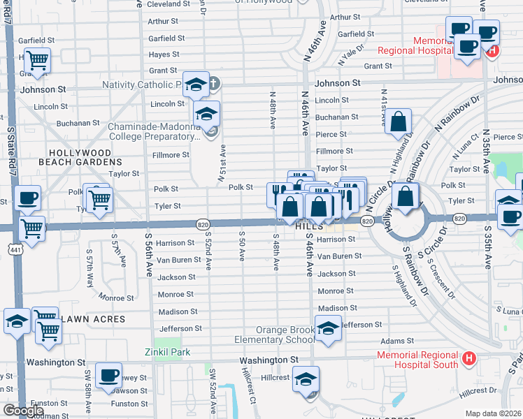 map of restaurants, bars, coffee shops, grocery stores, and more near 4911 Tyler Street in Hollywood