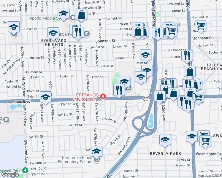 map of restaurants, bars, coffee shops, grocery stores, and more near 251-301 Northwest 65th Terrace in Hollywood