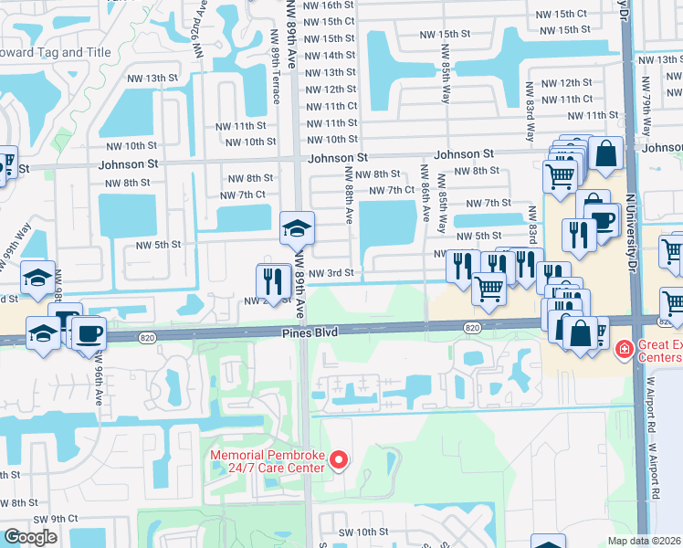 map of restaurants, bars, coffee shops, grocery stores, and more near 8810 Northwest 4th Street in Pembroke Pines