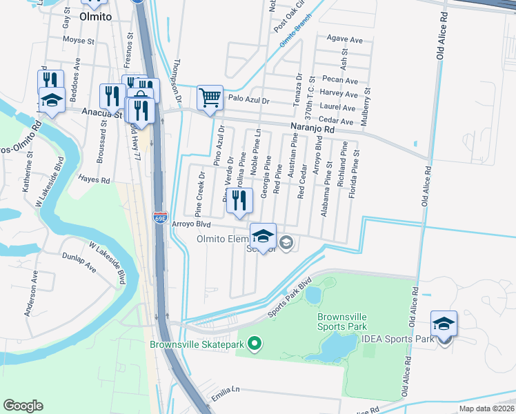 map of restaurants, bars, coffee shops, grocery stores, and more near 6657 Georgia Pine in Brownsville