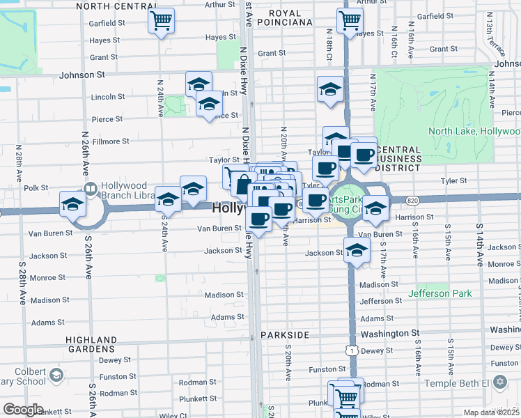 map of restaurants, bars, coffee shops, grocery stores, and more near 2021 Hollywood Boulevard in Hollywood