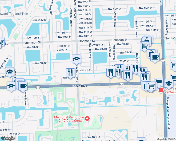 map of restaurants, bars, coffee shops, grocery stores, and more near 8810 Northwest 4th Street in Pembroke Pines