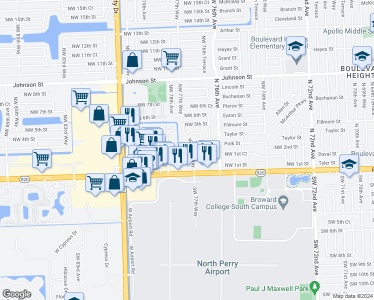 map of restaurants, bars, coffee shops, grocery stores, and more near 151 Northwest 78th Avenue in Pembroke Pines