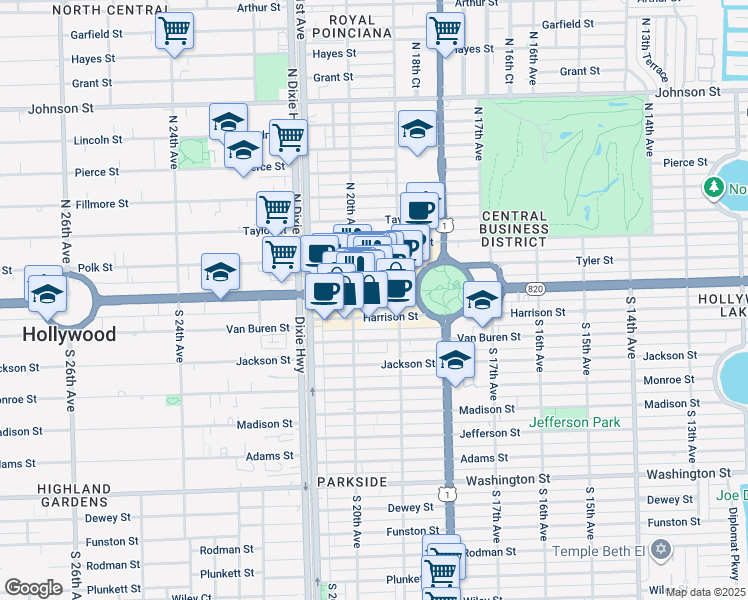 map of restaurants, bars, coffee shops, grocery stores, and more near 1937 Florida 820 in Hollywood