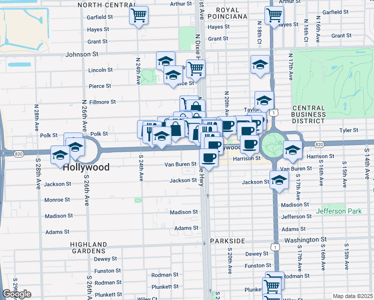 map of restaurants, bars, coffee shops, grocery stores, and more near 2130 Hollywood Boulevard in Hollywood