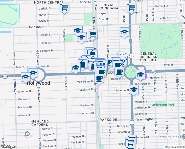map of restaurants, bars, coffee shops, grocery stores, and more near in Hollywood