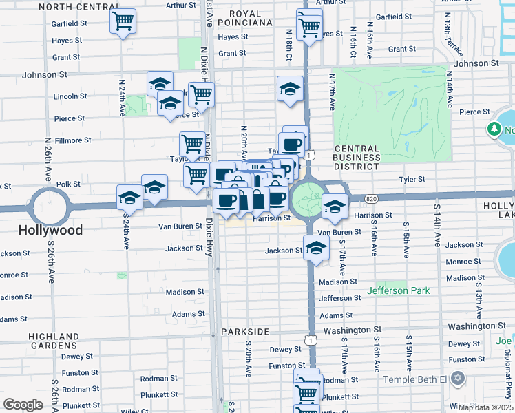 map of restaurants, bars, coffee shops, grocery stores, and more near 1937 Florida 820 in Hollywood