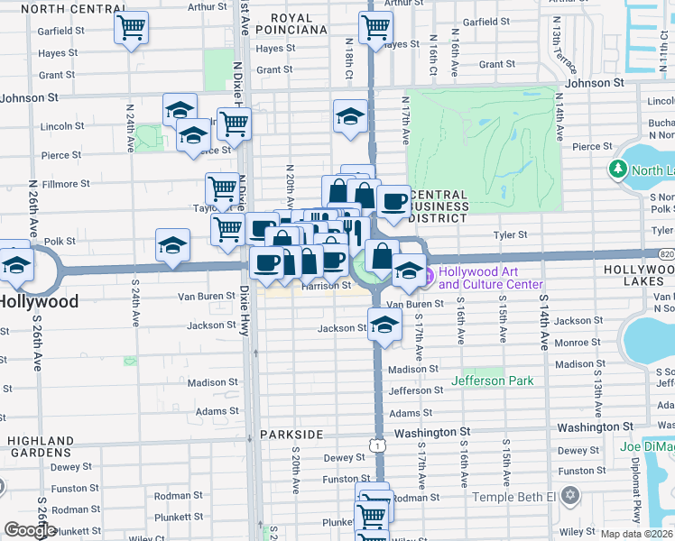map of restaurants, bars, coffee shops, grocery stores, and more near 1818 Hollywood Boulevard in Hollywood