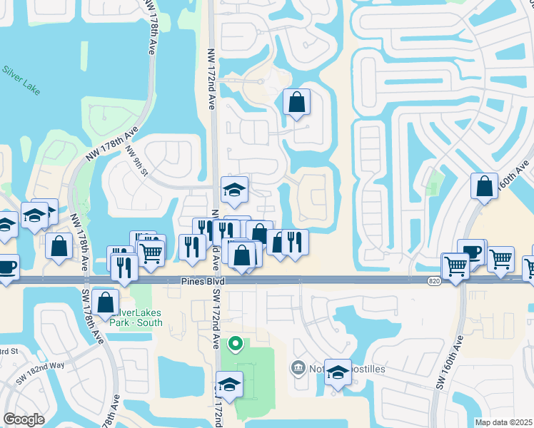 map of restaurants, bars, coffee shops, grocery stores, and more near 703 Northwest 170th Terrace in Pembroke Pines