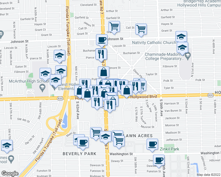 map of restaurants, bars, coffee shops, grocery stores, and more near 213 Columbus Parkway in Hollywood