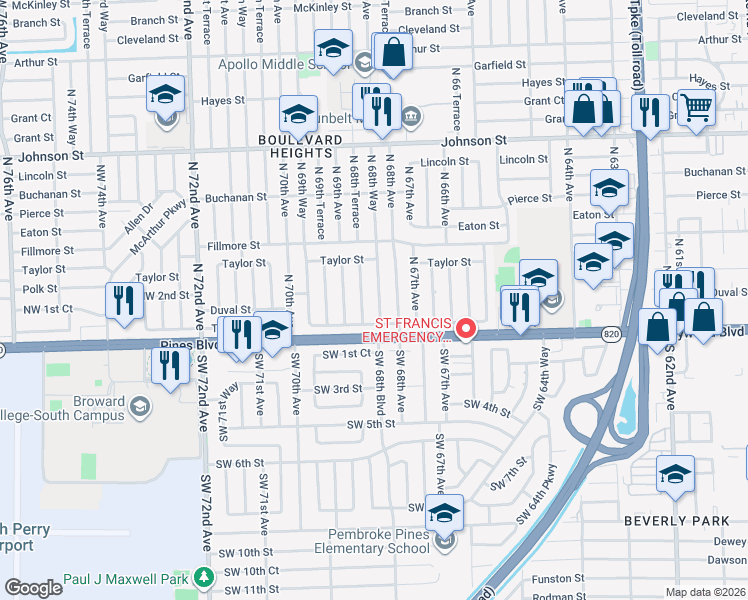 map of restaurants, bars, coffee shops, grocery stores, and more near 300 North 68th Way in Hollywood