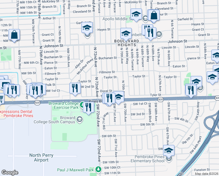 map of restaurants, bars, coffee shops, grocery stores, and more near 300 North 71st Avenue in Hollywood
