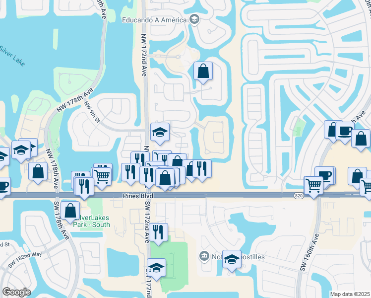 map of restaurants, bars, coffee shops, grocery stores, and more near 755 Northwest 170th Terrace in Pembroke Pines