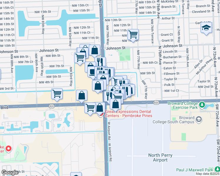 map of restaurants, bars, coffee shops, grocery stores, and more near 263 North University Drive in Pembroke Pines