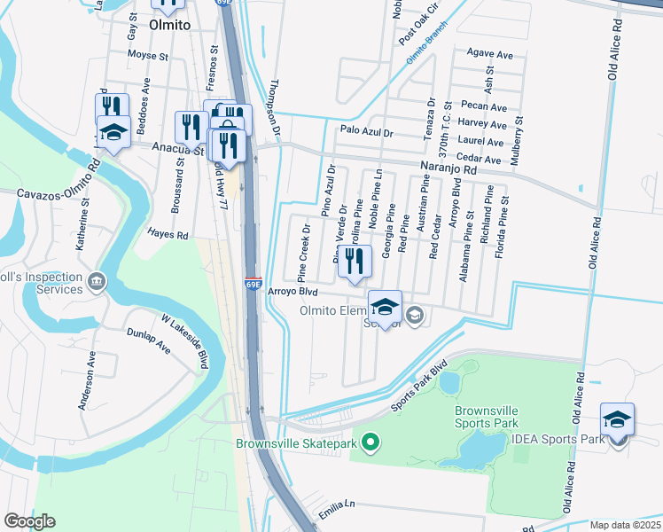 map of restaurants, bars, coffee shops, grocery stores, and more near 6651 Pino Verde Drive in Brownsville