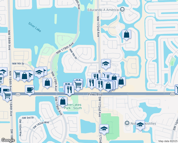 map of restaurants, bars, coffee shops, grocery stores, and more near 17343 Northwest 6th Court in Pembroke Pines