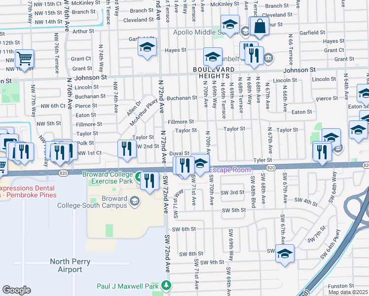 map of restaurants, bars, coffee shops, grocery stores, and more near 300 North 71st Avenue in Hollywood