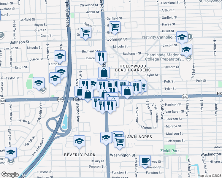 map of restaurants, bars, coffee shops, grocery stores, and more near 213 Columbus Parkway in Hollywood