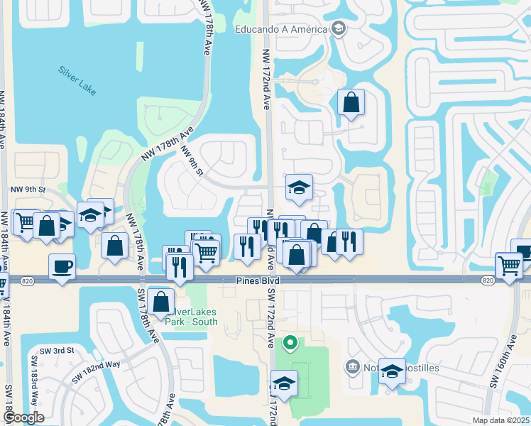 map of restaurants, bars, coffee shops, grocery stores, and more near 671 Northwest 172nd Terrace in Pembroke Pines