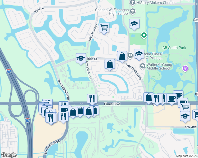 map of restaurants, bars, coffee shops, grocery stores, and more near 709 Northwest 7th Street in Pembroke Pines